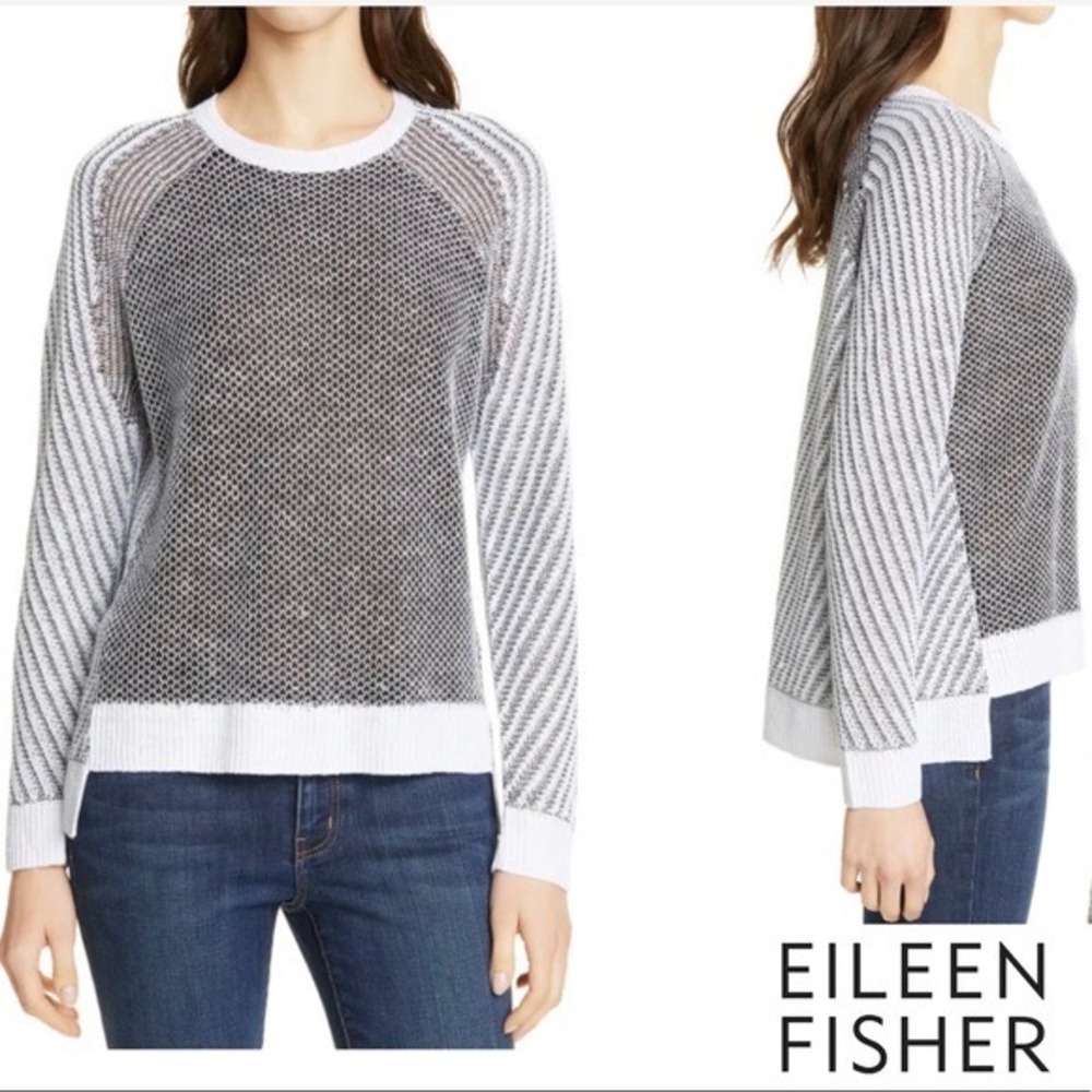 Eileen Fisher Linen‎ Silk Blend Mesh Knit Sweater Black White S19VRB Women Small